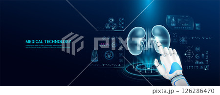 Robot index finger is touching a human kidney. Medical health care with futuristic technology AI. Organ X ray examination and scan virtual simulation interface hologram. Banner vector. Robot index finger is touching a human kidney. Medical health care with futuristic technology AI. Organ X ray examination and scan virtual simulation interface hologram. Banner vector. 126286470