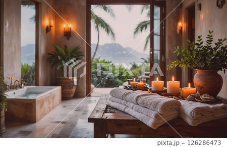 Bathroom with a large window overlooking the ocean. The room is decorated with candles and a vase of flowers Bathroom with a large window overlooking the ocean. The room is decorated with candles and a vase of flowers 126286473