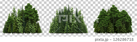 group of trees isolated on a transparent background, big trees in the forest, 3D illustration, cg render 126286718
