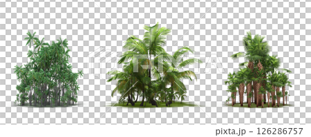 group of trees isolated on a transparent background, big trees in the forest, 3D illustration, cg render 126286757