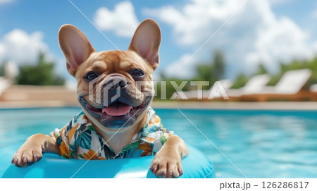 A happy French Bulldog wearing a Hawaiian shirt while floating on a blue inflatable in a swimming pool. The background features a clear sky and lounge chairs, capturing a relaxed summer vibe. A happy French Bulldog wearing a Hawaiian shirt while floating on a blue inflatable in a swimming pool. The background features a clear sky and lounge chairs, capturing a relaxed summer vibe. 126286817