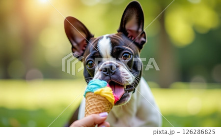 A close-up photo of a French Bulldog eagerly licking a colorful ice cream cone held by a person outdoors. The dog s expressive eyes and alert ears highlight its excitement and curiosity. 126286825
