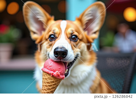 A cheerful Corgi enjoying a bright red strawberry ice cream cone outdoors. The image captures the dog s happy expression and cute demeanor as it savors the delicious treat. 126286842