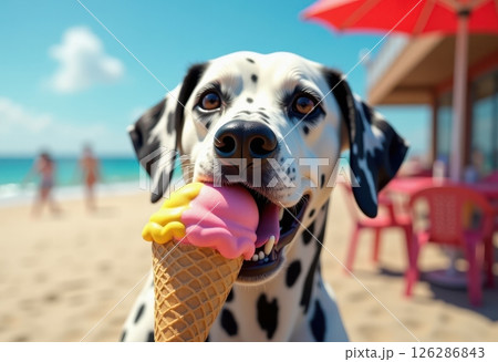 A playful Dalmatian enjoying a colorful ice cream cone on a sunny beach. The dog's expression is one of pure delight as it licks the pink and yellow treat. The beach setting, with sand, ocean. 126286843