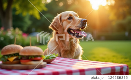 A golden retriever dog with lustrous honey-colored fur sits beside a picnic table covered with a classic red and white checkered tablecloth. The dog looks content with mouth open and tongue visible. 126286856
