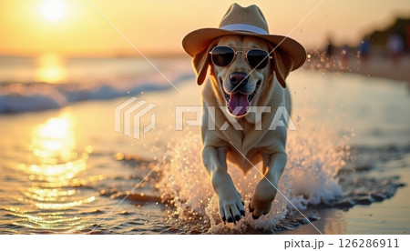 A joyful Labrador Retriever running through the shallow waves at sunset, wearing a stylish straw hat and aviator sunglasses. The golden hour sunlight creates a warm. A joyful Labrador Retriever running through the shallow waves at sunset, wearing a stylish straw hat and aviator sunglasses. The golden hour sunlight creates a warm. 126286911