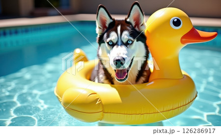 A happy Siberian Husky with striking blue eyes sitting inside a large yellow inflatable duck float in a clear swimming pool. The dog appears joyful and relaxed, enjoying a sunny day by the pool. 126286917