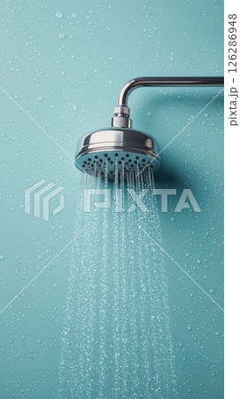 Flowing showerhead over turquoise background isolated water feature minimalist design Flowing showerhead over turquoise background isolated water feature minimalist design 126286948