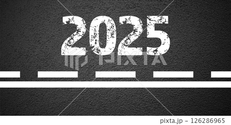 Asphalt road with white lane marking, concrete highway surface, texture. New year 2025. Street traffic line, road dividing strip. Pattern grainy structure, grunge background. Vector illustration 126286965