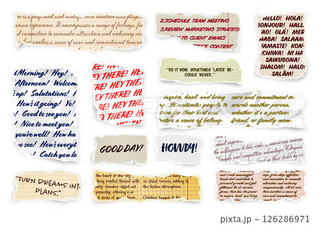 Ripped paper strips with handwritten text. Realistic crumpled paper scraps with torn edges. Shreds of notebook, book or old newspaper pages. Trendy collage elements. Vector illustration Ripped paper strips with handwritten text. Realistic crumpled paper scraps with torn edges. Shreds of notebook, book or old newspaper pages. Trendy collage elements. Vector illustration 126286971