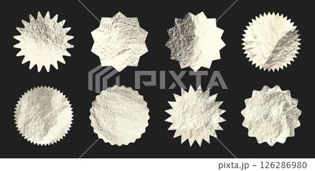 Silver stars, sunburst symbols. Shiny gold foil. Vintage sunbeam symbols. Shopping labels, sale or discount sticker, quality mark. Special offer price tag, promotional badge. Vector illustration Silver stars, sunburst symbols. Shiny gold foil. Vintage sunbeam symbols. Shopping labels, sale or discount sticker, quality mark. Special offer price tag, promotional badge. Vector illustration 126286980