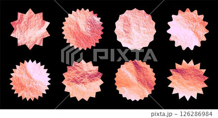 Rose gold stars, sunburst symbols. Shiny gold foil. Vintage sunbeam symbols. Shopping labels, sale sticker, quality mark. Modern art. Wedding, greeting card decoration elements. Vector illustration 126286984