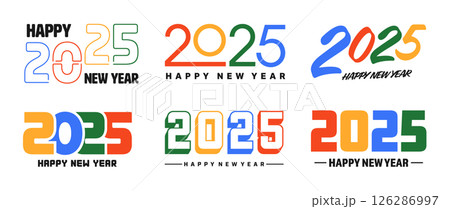 Set of 2025 Happy New Year greeting text designs. Christmas banner, poster, festive greeting card or seasonal promotion template. Collection of 2025 numbers with greetings. Vector illustration 126286997