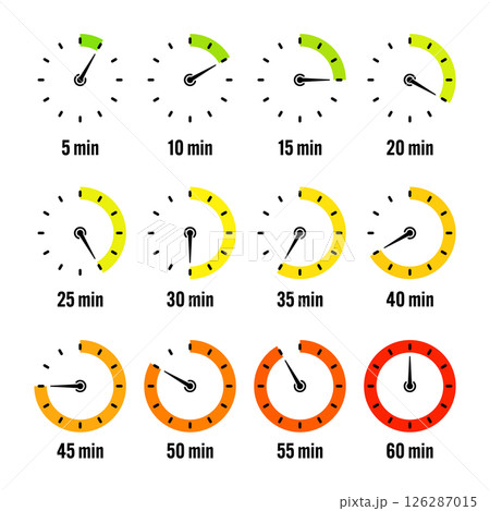 Simple stopwatch icons. Colorful chronometer, time counter with dial. Countdown timer showing hours and minutes. Deadline, measurement for sport. Cooking time label, sticker. Vector illustration 126287015