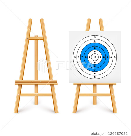 Shooting range target on a wooden easel stand. Paper target with divisions, marks and numbers. Archery, gun shooting and training, sport competition, hunting. Bullseye and aim. Vector illustration 126287022