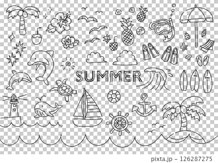 夏の手描きイラストセット	 126287275
