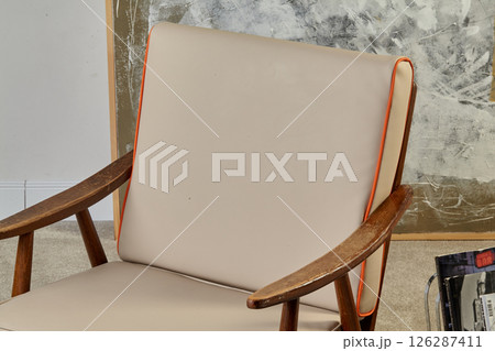 Comfortable vintage armchair with orange piping detailing standing in modern living room Comfortable vintage armchair with orange piping detailing standing in modern living room 126287411