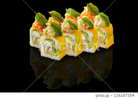 Five colorful uramaki sushi rolls are reflecting on a black background 126287504