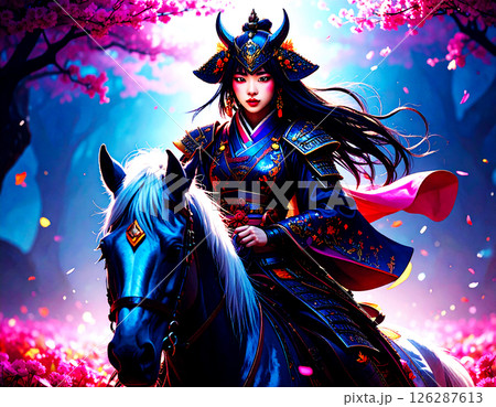 白馬に乗る女性武士 126287613