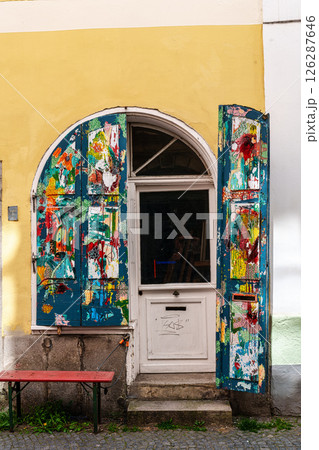 Passau, Germany - Apr 16, 2025: The Schuster lane in the old town of Passau in Bavaria, Germany Passau, Germany - Apr 16, 2025: The Schuster lane in the old town of Passau in Bavaria, Germany 126287646