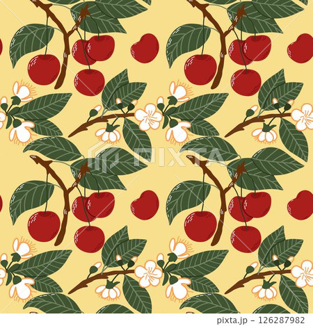 Seamless Pattern of Cherry Branches with Blossoms on a Yellow Background 126287982