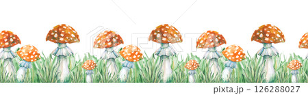 Seamless horizontal border with hand-painted watercolor fly agarics. Botanical illustration of poisonous forest mushrooms in green grass. Isolated. For website design, packaging, invitations Seamless horizontal border with hand-painted watercolor fly agarics. Botanical illustration of poisonous forest mushrooms in green grass. Isolated. For website design, packaging, invitations 126288027