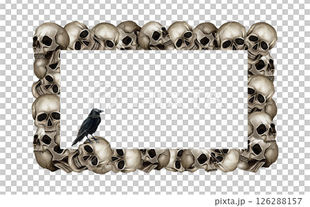 Rectangular frame skulls around the perimeter and black crow on the side. Watercolor illustration isolated from background with template in Gothic style. For postcards, Halloween design, invitations Rectangular frame skulls around the perimeter and black crow on the side. Watercolor illustration isolated from background with template in Gothic style. For postcards, Halloween design, invitations 126288157