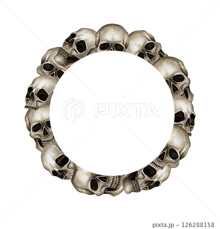 Frame with skulls. Watercolor circle illustration isolated from background. Hand drawn template in Gothic style, Halloween. Perfect for invitations, postcards, greeting card, information's samples 126288158
