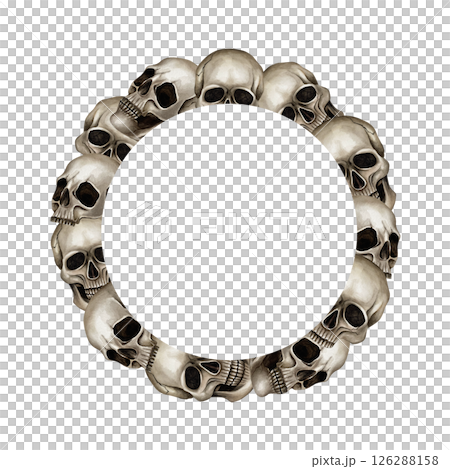 Frame with skulls. Watercolor circle illustration isolated from background. Hand drawn template in Gothic style, Halloween. Perfect for invitations, postcards, greeting card, information's samples 126288158