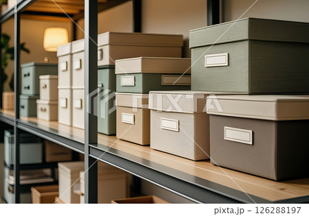 Display for sale of arranged storage boxes of various sizes and colors 126288197
