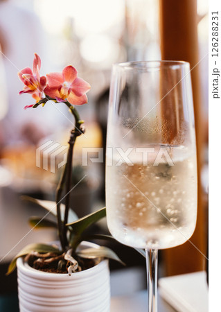 Glass with champagne and orchid 126288231