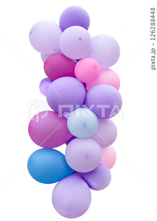 Colorful cluster of helium inflated balloons in shades of blue and pink 126288448