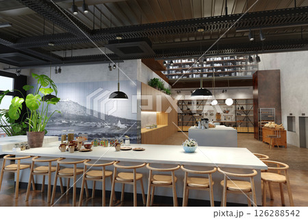 restaurant, interior visualization, 3D illustration 126288542
