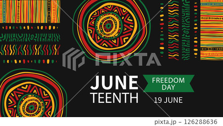 Juneteenth celebration horizontal banner template. Background with Abstract ethnic ornament. Curved stripes, circle, animalistic pattern. African-American Independence Day. Vector doodle illustration. 126288636