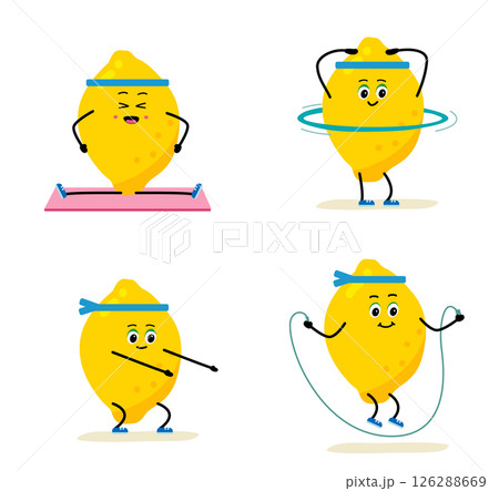Cute Lemon character. sport - hula hoop, hoop, Skipping rope. concept of a Cute Lemon character. sport - hula hoop, hoop, Skipping rope. concept of a 126288669