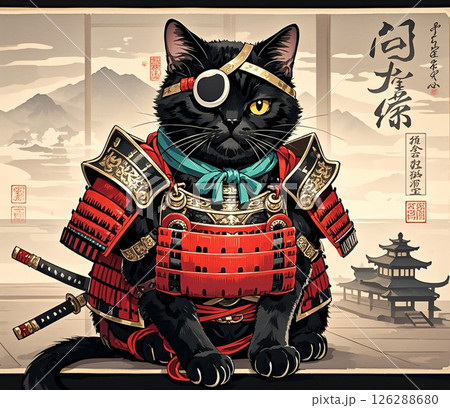 黒猫　侍　浮世絵風　018 126288680