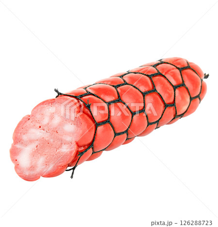 smoked sausage cervelat isolated on white background smoked sausage cervelat isolated on white background 126288723