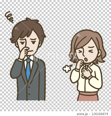 Illustration of a man holding his nose and a woman coughing Illustration of a man holding his nose and a woman coughing 126288874