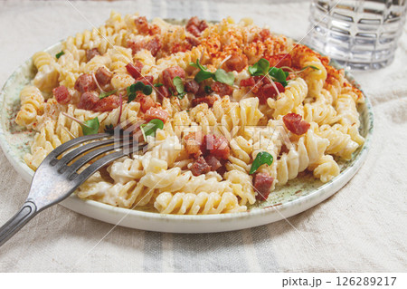 fusilli pasta with cheese and bacon, homemade, no people, fusilli pasta with cheese and bacon, homemade, no people, 126289217