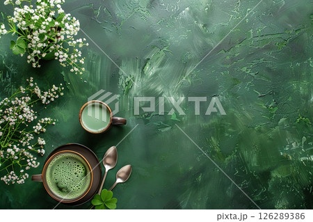 Top view of green tea cups with flowers on a textured green background Top view of green tea cups with flowers on a textured green background 126289386
