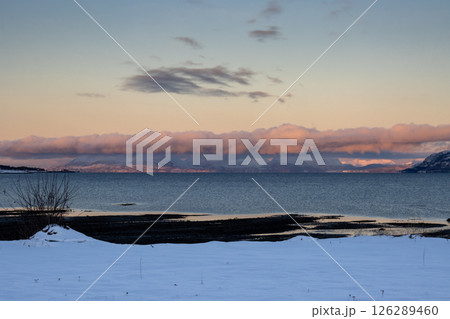 Mountains with snow in sunrise, Hamnvik, Norway 126289460