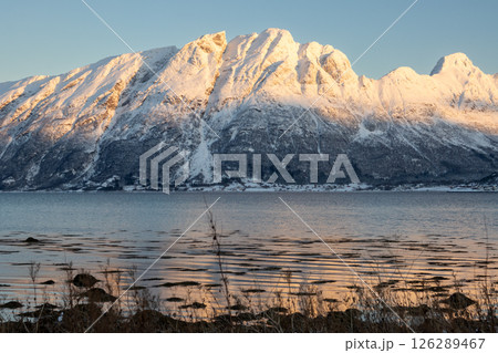 Mountains with snow in sunrise, Hamnvik, Norway 126289467