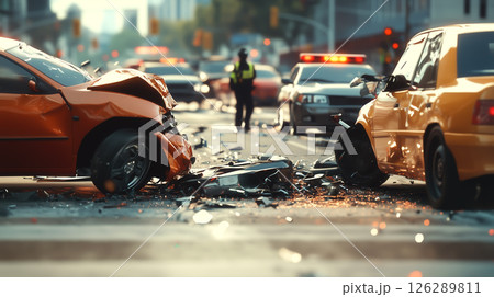 A damaged car on the road after a collision. The concept of traffic accidents, road safety, emergency response, and the consequences of reckless driving. Generative AI. A damaged car on the road after a collision. The concept of traffic accidents, road safety, emergency response, and the consequences of reckless driving. Generative AI. 126289811