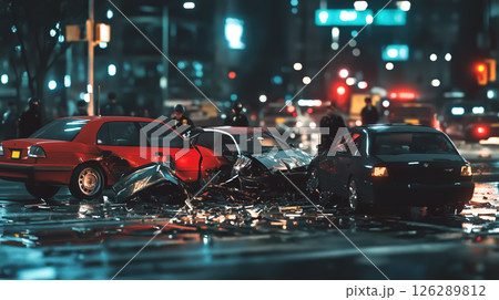 A damaged car on the road after a collision. The concept of traffic accidents, road safety, emergency response, and the consequences of reckless driving. Generative AI. A damaged car on the road after a collision. The concept of traffic accidents, road safety, emergency response, and the consequences of reckless driving. Generative AI. 126289812