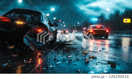 A damaged car on the road after a collision. The concept of traffic accidents, road safety, emergency response, and the consequences of reckless driving. Generative AI. 126289818