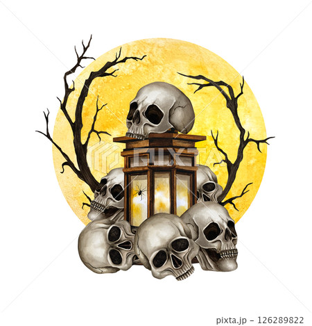 Pile of skulls, vintage lantern with spider, branches against the backdrop of the full moon. Watercolor illustration isolated from background. Composition for Gothic design, Halloween, Friday the 13 126289822