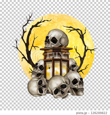 Pile of skulls, vintage lantern with spider, branches against the backdrop of the full moon. Watercolor illustration isolated from background. Composition for Gothic design, Halloween, Friday the 13 126289822