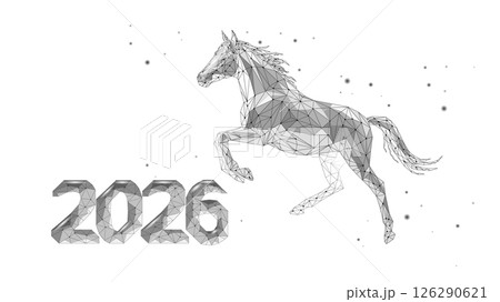 Geometric Horse illustration runs in space 2026 Horoscope Year. Chinese Animal of New Year. Technology designs and futuristic projects. Low poly style with white background Geometric Horse illustration runs in space 2026 Horoscope Year. Chinese Animal of New Year. Technology designs and futuristic projects. Low poly style with white background 126290621