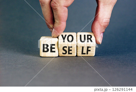 Motivational be yourself symbol. Concept words Be yourself on beautiful wooden block. Beautiful grey background Businessman hand. Business motivational be yourself concept. Copy space. Motivational be yourself symbol. Concept words Be yourself on beautiful wooden block. Beautiful grey background Businessman hand. Business motivational be yourself concept. Copy space. 126291144