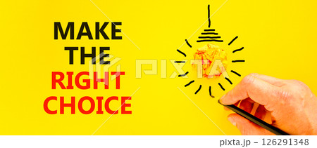 Make the right choice symbol. Concept words phrase Make the right choice on beautiful yellow paper. Businessman's hand. Beautiful yellow background. Business Make the right choice concept. Copy space. Make the right choice symbol. Concept words phrase Make the right choice on beautiful yellow paper. Businessman's hand. Beautiful yellow background. Business Make the right choice concept. Copy space. 126291348